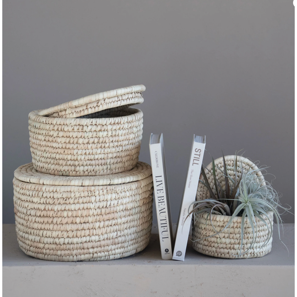 Hand-Woven Baskets with Lids Set